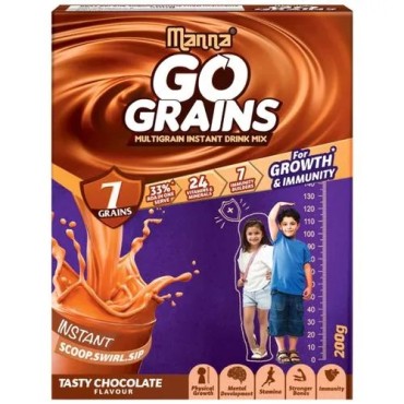 Manna Go Grains Multigrain Instant Drink Mix - For Growth & Immunity, Chocolate Flavour, 200g Box
