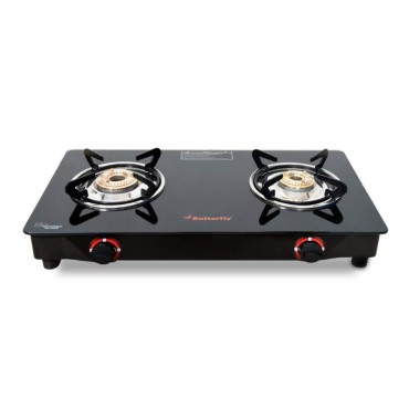 Butterfly Duo 2 Burner Glass Top Gas Stove, Black, Manual