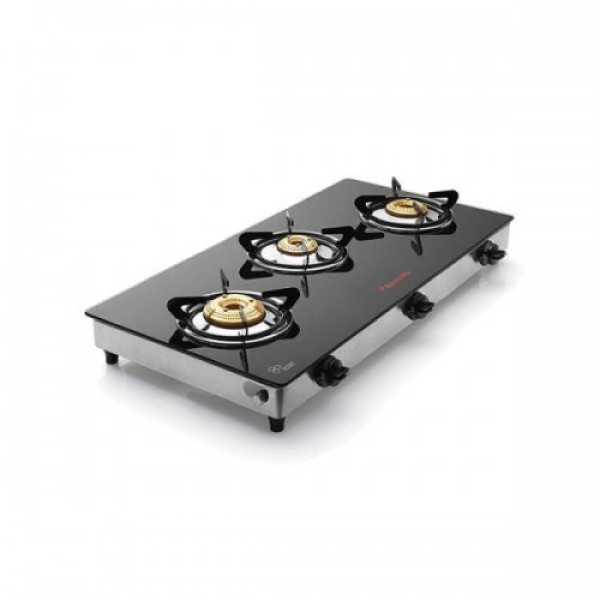 Butterfly Jet 3 Burner Gas Stove, Black/Silver Glass, Stainless Steel Manual Gas Stove