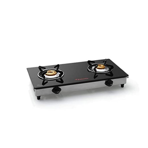Butterfly Jet 2 Burner Gas Stove, Black/Silver Glass, Stainless Steel Manual Gas Stove