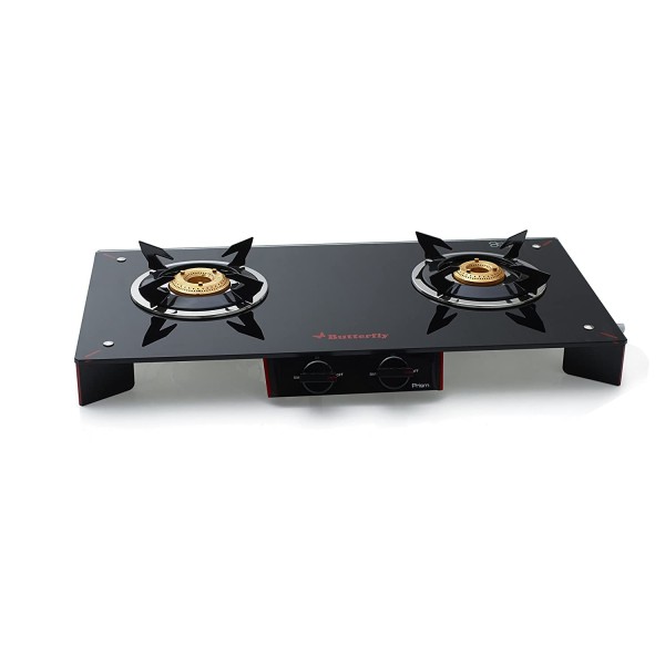 Butterfly Prism Glass 2 Burner Gas Stove, Black/Red Front Knob