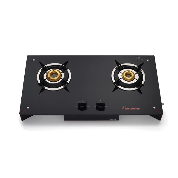 Butterfly Prism Glass 2 Burner Gas Stove, Black/Red Top Knob