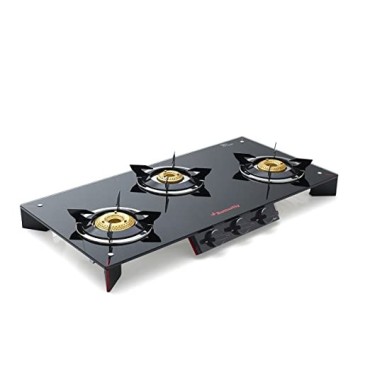 Butterfly Prism Glass 3 Burner Gas Stove, Black/Red Front Knob