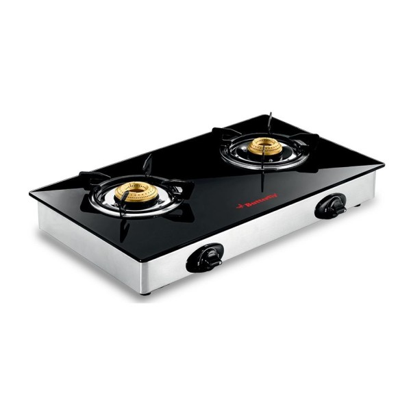 Butterfly Radiant 2 Burner Glass Top Gas Stove Black Silver