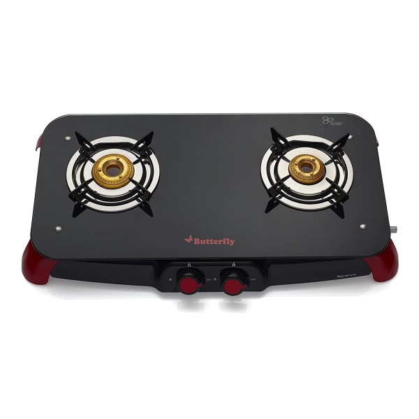 Butterfly Signature Glass Top 2 Burner Gas Stove Manual Ignition Black/Red Front Knob