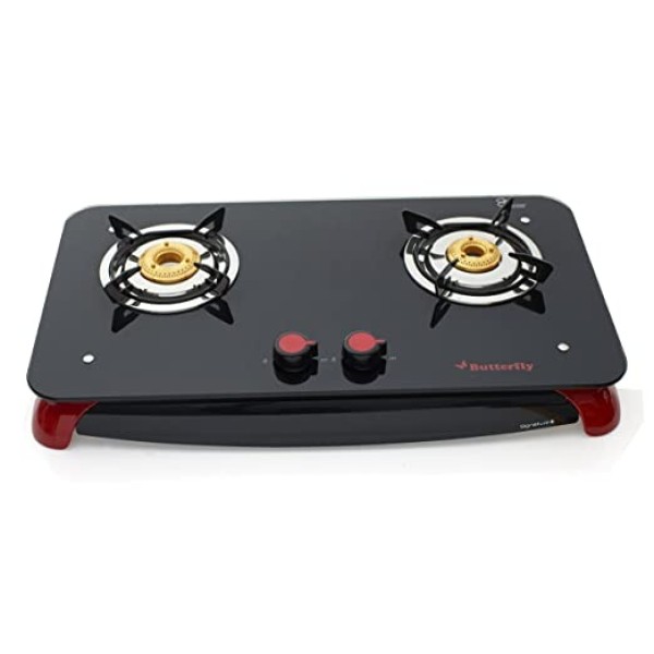 Butterfly Signature Glass Top 2 Burner Gas Stove Manual Ignition Black/Red Top Knob