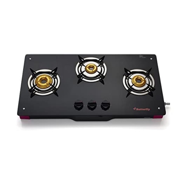Butterfly Spectra Glass 3 Burner Gas Stove, Black/Pink, Manual Top Knob
