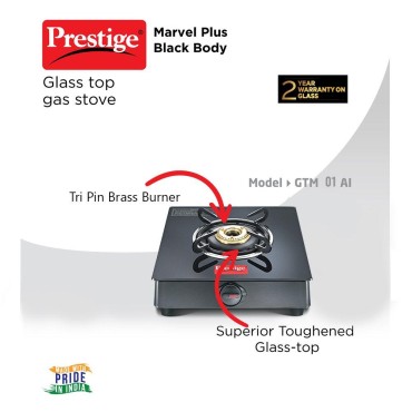 Prestige Marvel Plus Glass Top Gas Table GTM 01 Black Gas Stove