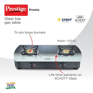 Prestige Premia SCHOTT Glass Top Gas Tables-GTS 02 Black and White Gas Stove
