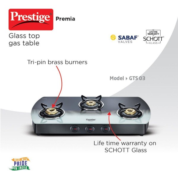 Prestige Premia SCHOTT Glass Top Gas Tables-GTS 03 L Black and White Gas Stove