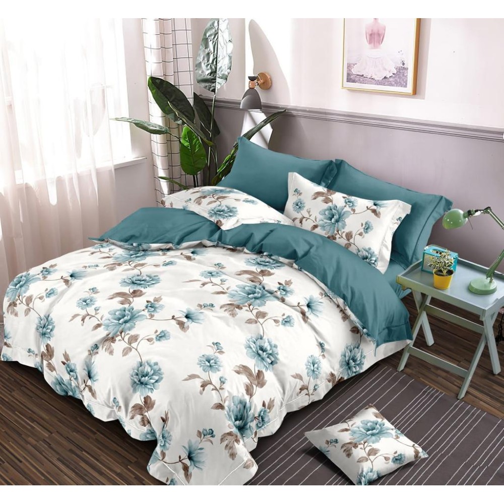 Bed and Pillow Covers 90x95 Blue Flowers on White