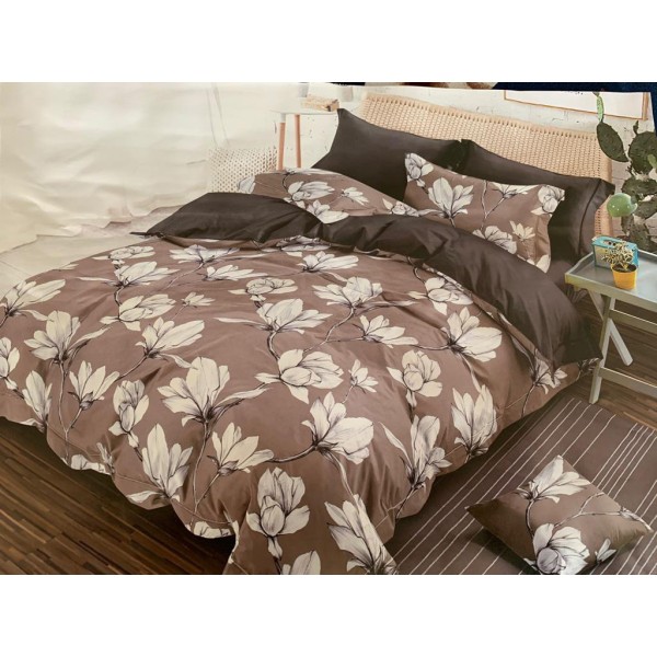 Bed and Pillow Covers 90x95 Floral Art on Light Brown