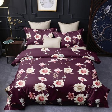 Bed and Pillow Covers 90x95 Flowers Design Burgundy Maroon