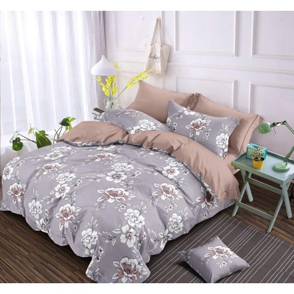 Bed and Pillow Covers 90x95 Flowers Design Light Brown