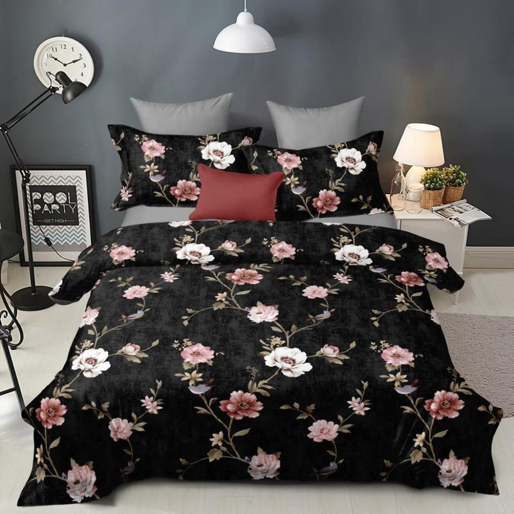Bed and Pillow Covers 90x95 Flowers Design on Black