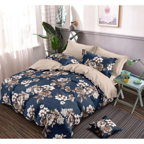 Bed and Pillow Covers 90x95 Luxury Daisy Flowers Navy Blue