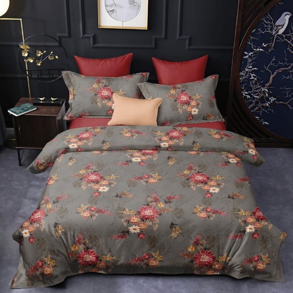 Bed and Pillow Covers 90x95 Red Flowers Dark Flowers