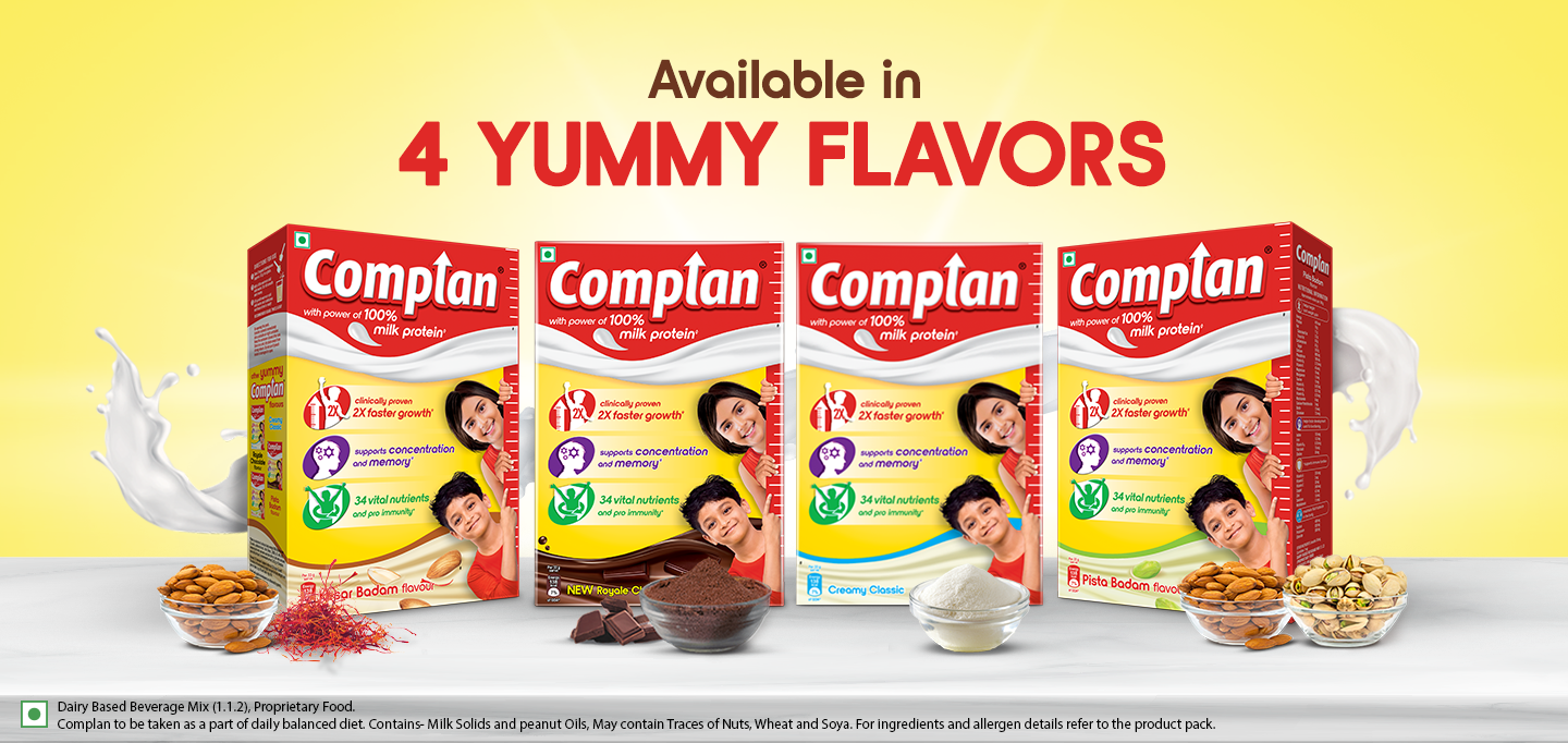 complan yummy 4 flavours royal chocolate, kesar badam, creamy classic, pista badam