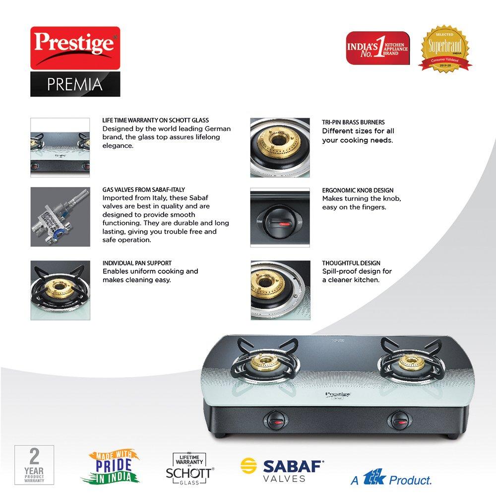 Prestige Premia SCHOTT Glass Top Gas Tables-GTS 02 Black and White Gas Stove