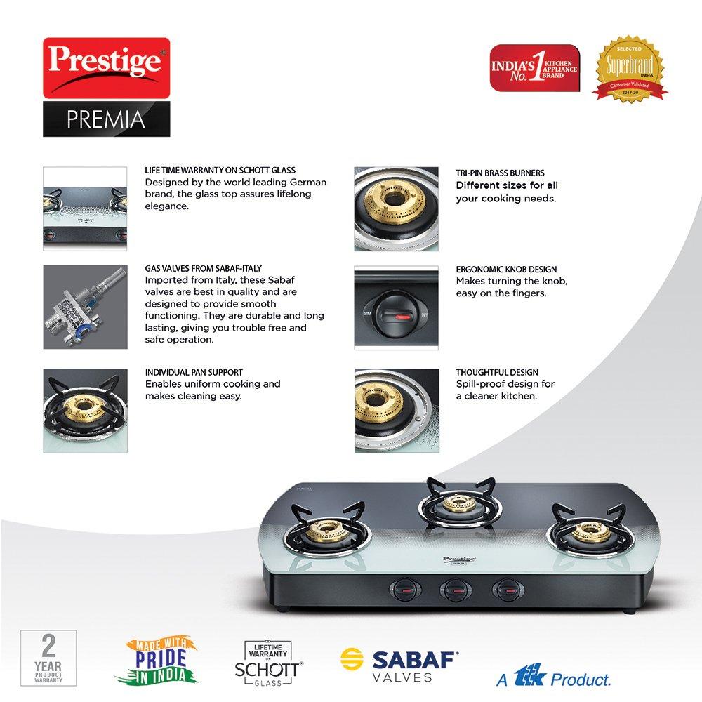 Prestige Premia SCHOTT Glass Top Gas Tables-GTS 03 L Black and White Gas Stove
